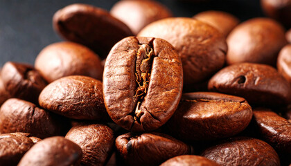 Roasted Coffee Beans: A macro shot showcases an inviting pile of roasted coffee beans. Their rich, earthy tones and textures, beautifully lit to evoke the inviting aroma and promise of a perfect cup.
