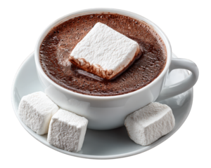 Hot chocolate with fluffy marshmallow in white cup on saucer, rich cocoa drink, cozy and inviting, perfect for winter comfort and relaxation
