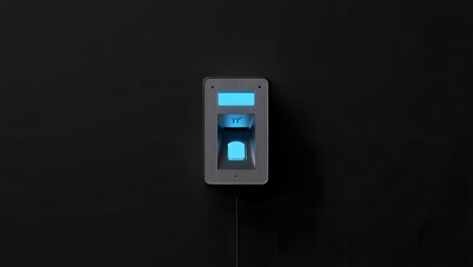 Modern Brushed-Metal Fingerprint Scanner, Illuminated Blue, Dark Background, Secure Access Technology