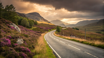 Road to Serenity: A picturesque road winds its way through a rugged mountain landscape under a dramatic sky.