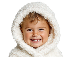 Smiling child wrapped in fluffy white blanket cozy hood curly hair isolated on transparency background joyful expression warmth happiness innocence comfort