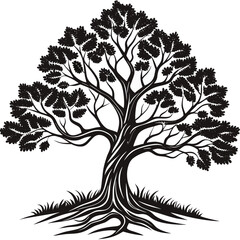 Obraz premium Black and White Stylized Tree Silhouette with Visible Roots and Grass