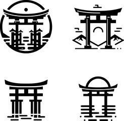 set of four minimal black and white vector icon of a torii gate symbol, bold lines and traditional sacred japanese style