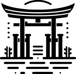 minimal black and white vector icon of a torii gate symbol, bold lines and traditional sacred japanese style