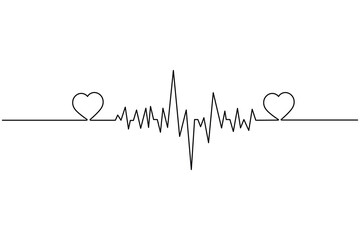 Heartbeat with heart continuous one line drawing on white background isolate outline vector illustration