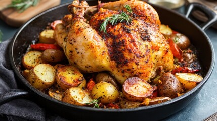 Roasted chicken with potatoes and herbs in a skillet
