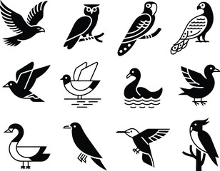 Collection of twelve stylized black and white bird illustrations in silhouette