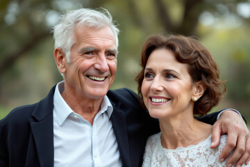 Fototapeta premium Smiling senior couple shares a joyful moment outdoors.