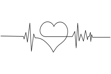 Heartbeat with heart continuous one line drawing on white background isolate outline vector illustration