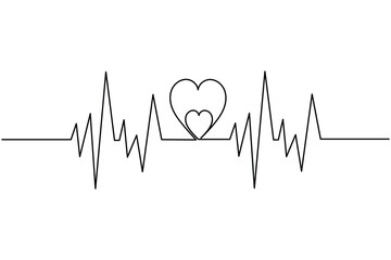 Heartbeat with heart continuous one line drawing on white background isolate outline vector illustration