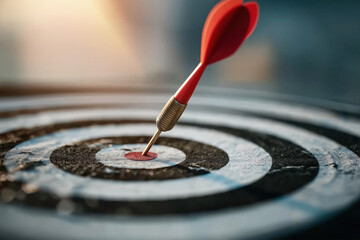 Red Dart Hitting Bullseye on Target, Precision and Success Concept, Close-Up Photography