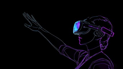 Woman Experiencing Virtual Reality with Glowing Neon VR Headset