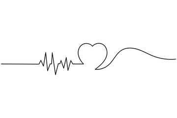 Heartbeat with heart continuous one line drawing on white background isolate outline vector illustration