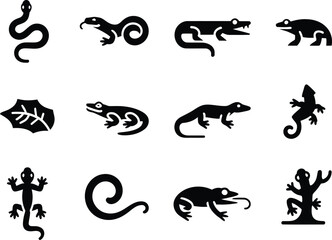 Collection of black reptile silhouettes on white background