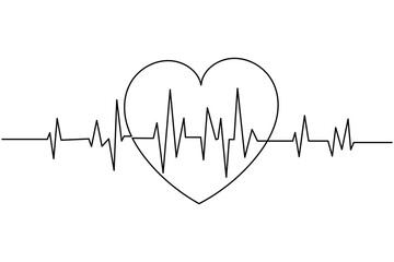 Heartbeat with heart continuous one line drawing on white background isolate outline vector illustration