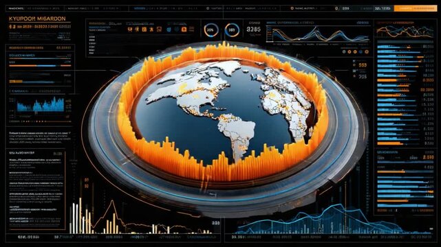 Global Data Visualization: A detailed digital rendering showcasing an animated globe at the heart of a sophisticated interface filled with data streams, perfect for illustrating complex concepts. - Powered by Adobe