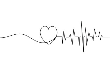 Heartbeat with heart continuous one line drawing on white background isolate outline vector illustration