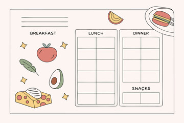 Meal planner with breakfast lunch dinner and snacks sections featuring food illustrations and star accents