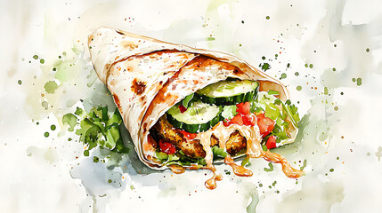 Artistic watercolor painting of a gourmet food wrap filled with fresh salad and savory sauce, isolated on a white background with paint splatters.
