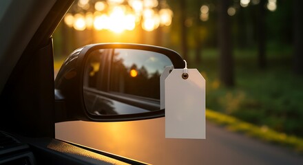 Sunset View from Car Side Mirror with Blank Tags