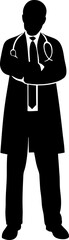 Doctor silhouette in lab coat with stethoscope, professional medical icon