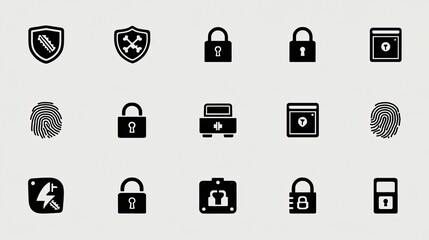 Security and privacy icon set with shield, lock, fingerprint, firewall, antivirus, encryption, and access control