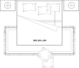 Top View Bedroom Layout with Bed, Nightstands, and Rug. Set 5