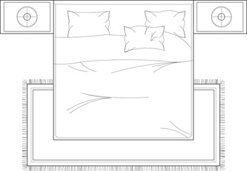 Top View Bedroom Layout with Bed, Nightstands, and Rug. Set 2
