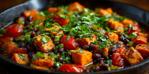 Close up of vegetarian fried sweet potato and black bean chili with tomatoes simmering in a pan on a table. This vegetarian sweet potato chili showcases vibrant colors and rich flavors.