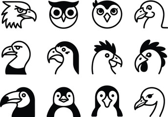 Collection of hand drawn bird heads in sketchy style