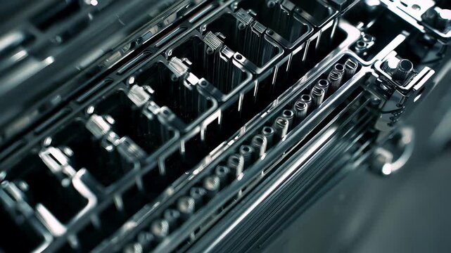 A detailed close-up of shiny, parallel metal escalator steps or industrial grating, creating an abstract pattern with reflections and shadows, futuristic industrial concept