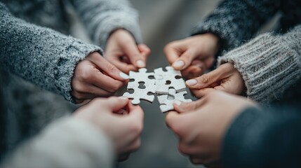 Teamwork concept represented by multiple hands holding puzzle in one hand symbolizing unity and shared goals