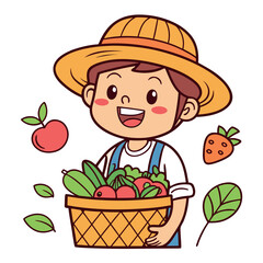 Cartoon farmer boy is happily holding a basket full of harvest vegetables