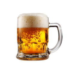 A frothy glass mug filled with golden amber beer and effervescent bubbles isolated on transparent background