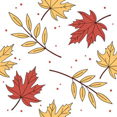 Obraz premium A charming and simple seamless pattern featuring red and yellow maple leaves and branches with small red dots on a white background