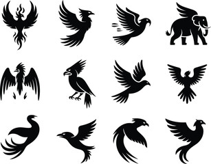 Fototapeta premium Collection of black silhouette mythical birds and creatures