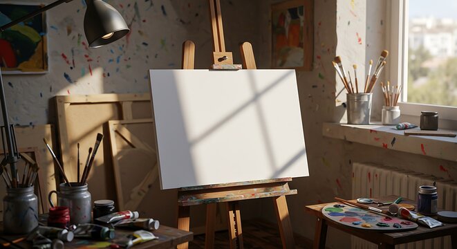 Bright Artist's Studio with Blank Canvas on Easel and Paint Supplies