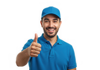 Man in blue uniform gives thumbs up with a happy expression on transparent background