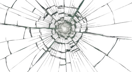 Obraz premium Shattered glass texture with radial cracks, broken window pane effect on transparent background, realistic cracked glass overlay for design