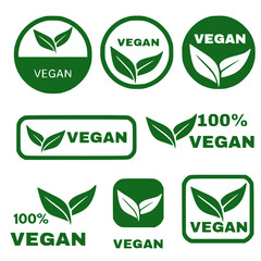 Vegan icon set.Green leaf on transparent background. Vector illustration,Bio, Ecology, Organic logos and badges, label, tag. 