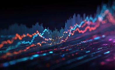 Abstract financial data visualization. Colorful stock market chart, data points, and digital lines on dark background
