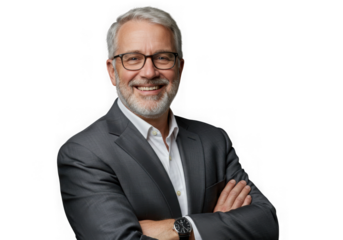 Portrait of a smiling man in a suit with arms crossed pose on transparent background