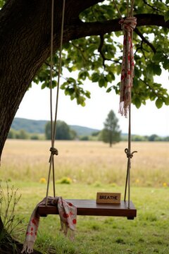 a swing hanging from a tree in a field