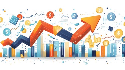 Fototapeta premium Upward Trending Market Growth Illustrated with Cityscape and Cur
