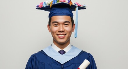 Smiling Graduate in Cap and Gown with Floral Decoration