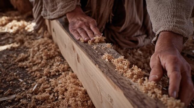 Close-up on the strong, calloused hands of Saint Joseph the Carpenter, using traditional tools to work with wood.

