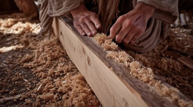 Close-up on the strong, calloused hands of Saint Joseph the Carpenter, using traditional tools to work with wood.

