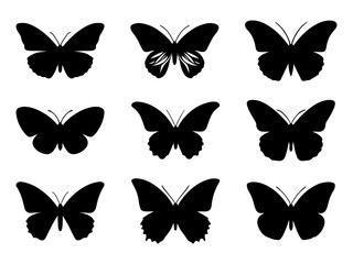 Collection of nine detailed black butterfly silhouettes in various poses isolated on white background silhouette