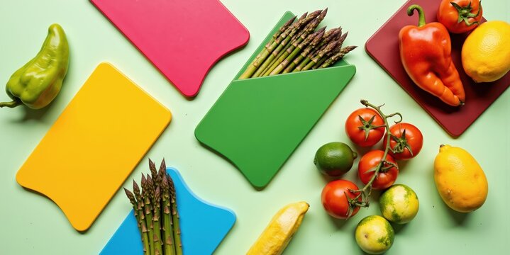 various colorful cutting boards with fruits and vegetables