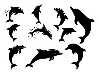 Collection of diverse dolphin silhouettes in various dynamic poses isolated on white background silhouette